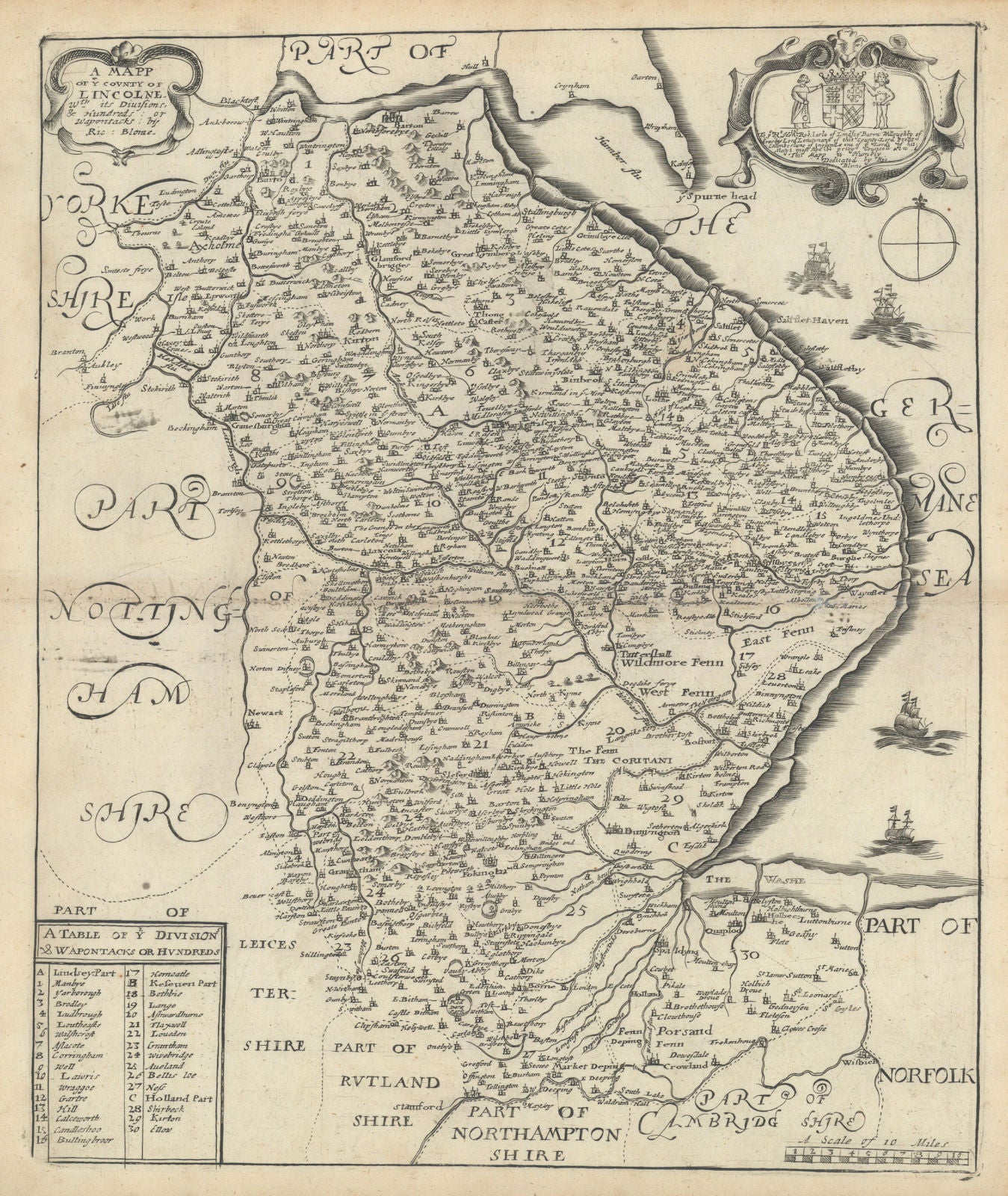 A Mapp of the County of Lincolne with its Divisions… by Richard Blome 1673